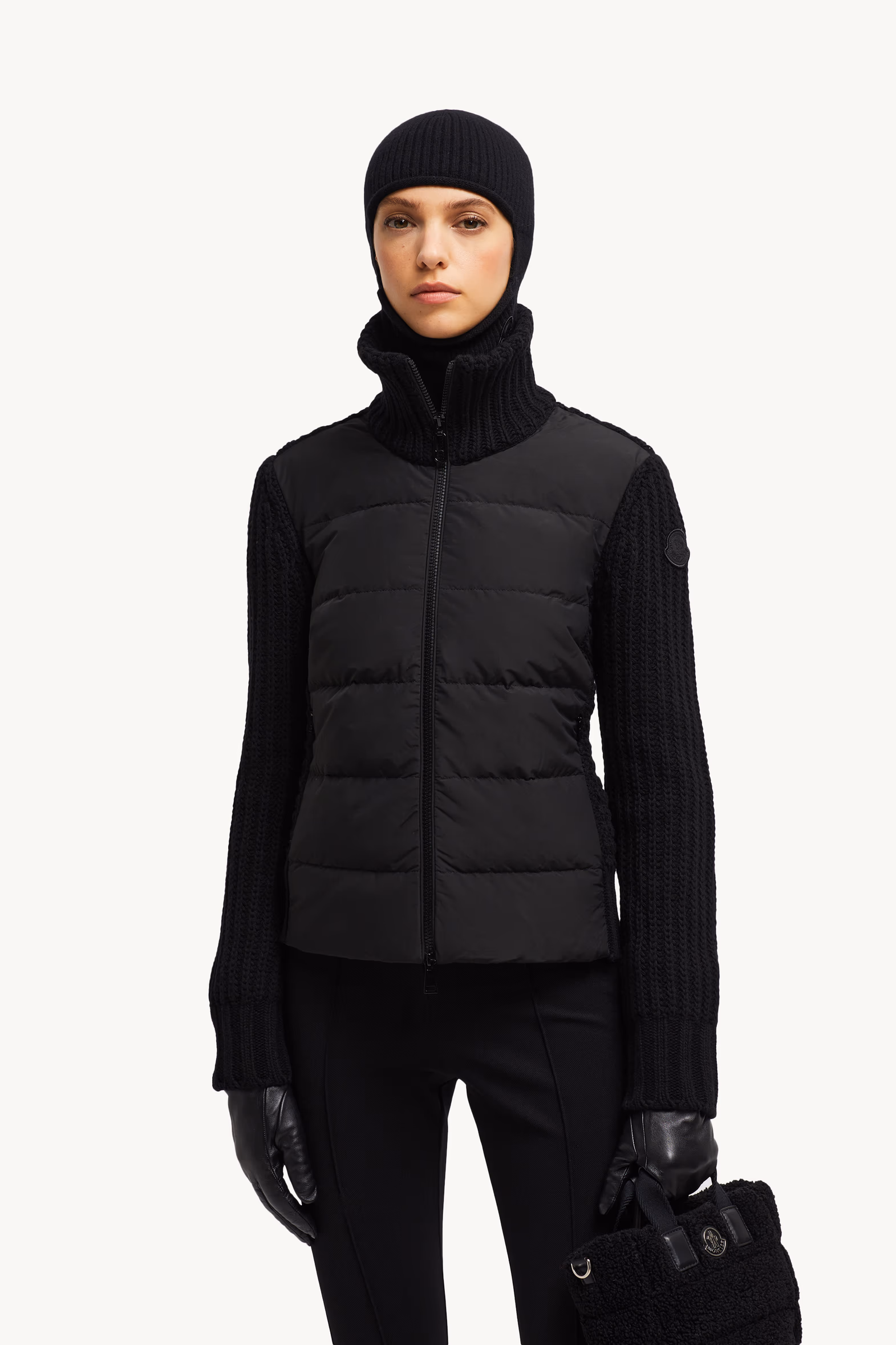 Cardigan zippé matelassé en laine et cachemire Femmes Noir Moncler 0